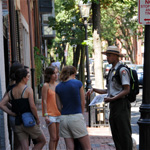Ranger Inyagwa speaking to young people at the Robert Gould Shaw Memorial during the fall.