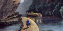 painting, a horse lead by its driver, pulling a canal boat full of people on a blue river painting, a horse lead by its driver, pulling a canal boat full of people on a blue river