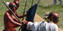 three bald men in red and black paint hold a tent together. three bald men in red and black paint hold a tent together.