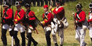 a line of men marching, muskets flask in sun pointing at you, they wear scarlet red a line of men marching, muskets flask in sun pointing at you, they wear scarlet red