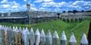 Grey pickets form a line in front of you, then a line of green grass, and a large wooden wall rise. Grey pickets form a line in front of you, then a line of green grass, and a large wooden wall rise.