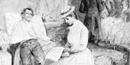 A young woman writes a letter home for a wounded soldier. A young woman writes a letter home for a wounded soldier.