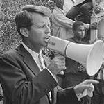 Robert Kennedy with a megaphone