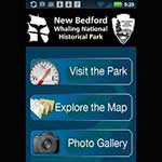 Screen shot of New Bedford Shoreside Industries App with radio buttons to visit the park, explore the map, and a photo gallery.