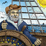 Illustration of ship captain steering his ship in open seas