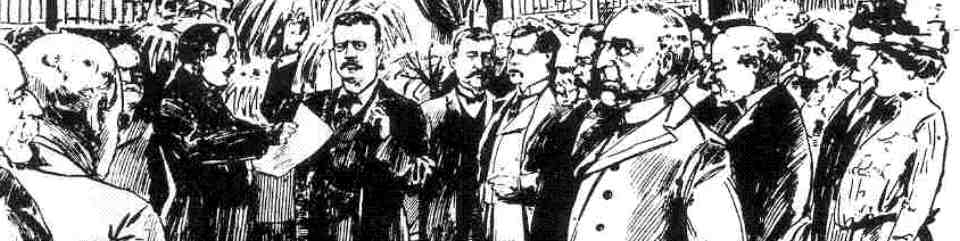 A 1901 sketch of Theodore Roosevelt taking the oath of office in Buffalo, NY.