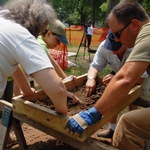 Volunteers help screen for artifacts at a previous excavation in Valley Forge
