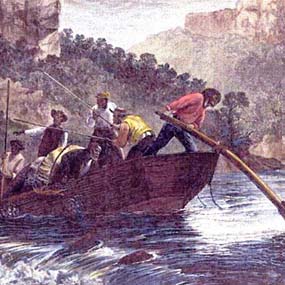 colorized etching of batteaumen navigating the New River