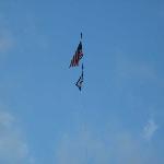 repellers taking flags to the top of bridge