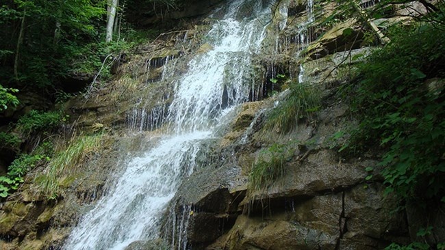 Water flowing down over rocks and green moss