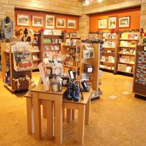 A colored photograph of the park store inside the Visitor Center.