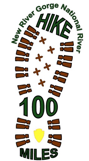 100 Mile Challenge logo. A hiking boot print with text that reads, "New River Gorge National River. Hike 100 miles"
