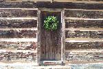 Back door of historic cabin decorated