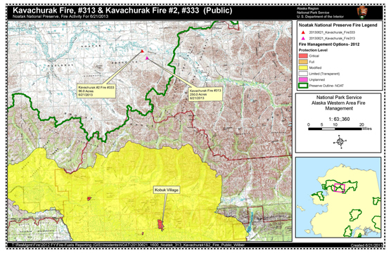 Color coded map showing fire protection plans in the upper Kobuk and Noatak Valleys and fires in Kavachurak Creek drainage.