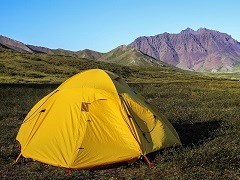 A yellow tent on the tundra with mountains behind.