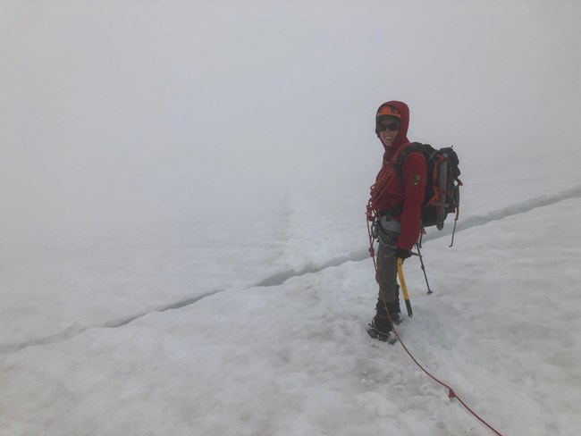 Traveling on the Sulphide glacier in white out conditions