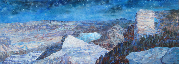 Nighttime panoramic painting of the Grand Canyon with stars and blue hues Nighttime panoramic painting of the Grand Canyon with stars and blue hues