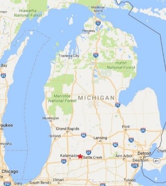 Map of state of Michigan with a red star between Kalamazoo and Battle Creek