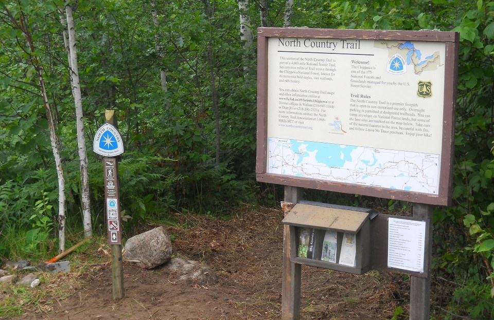 North Country trail sign, left and bulletin board, right surrounded by saplings.