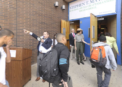Students Entering Stephen T. Mather Building Arts and Craftsmanship High School on Sept. 9, 2013.