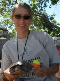 NPS volunteer Elizabeth Reif, holding a diamondback terrapin