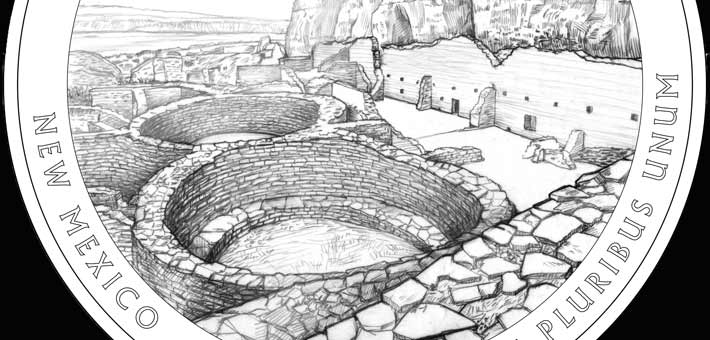 Drawing of the America the Beautiful quarter that features Chaco Culture National Historical Park