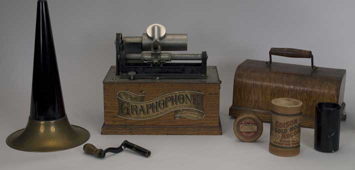 Photo of a graphophone and wax cylinder that are part of the museum collection at Clara Barton National Historic Site 