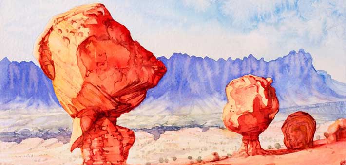 Watercolor painting of balanced rocks by Robert Dalegowski, the spring 2011 Artist-in-Park