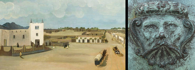 Mesilla Plaza c. 1885, as depicted by French painter, Leon Trousset.  Note the original church (which no longer stands) and the long, low adobe façades; Cannon Art at Castillo de San Marcos National Monument. 