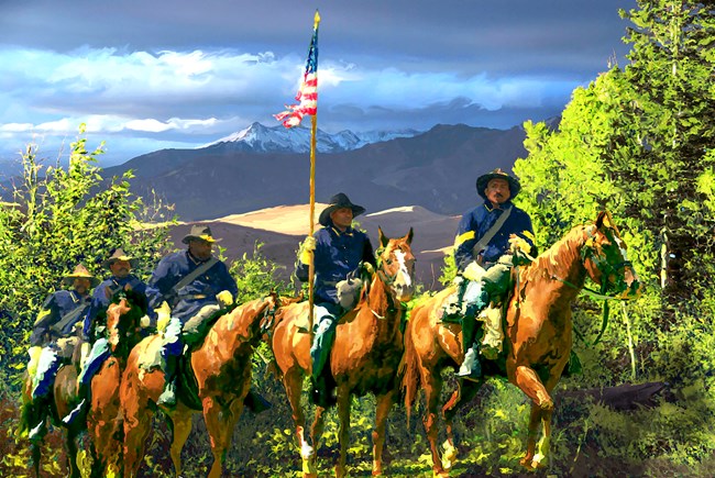A painting of a line of Buffalo Soldiers on horseback in 19th century military uniforms, surrounded by tall trees along Mosca Pass Trail. The lead soldier carries a small American flag. In the background are tall dunes and a snowcapped mountain.