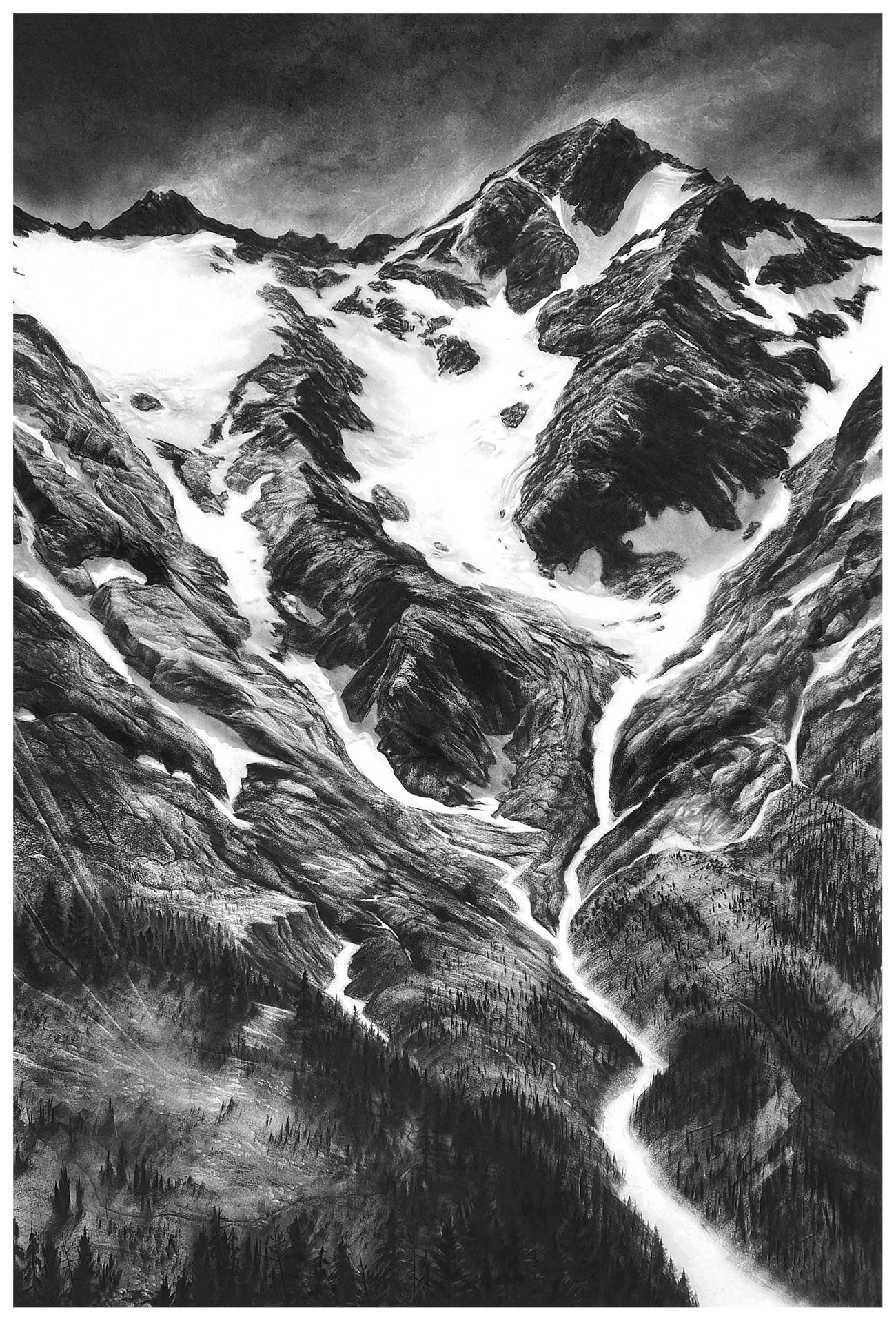 A detailed charcoal drawing of a glacier below a rocky peak.