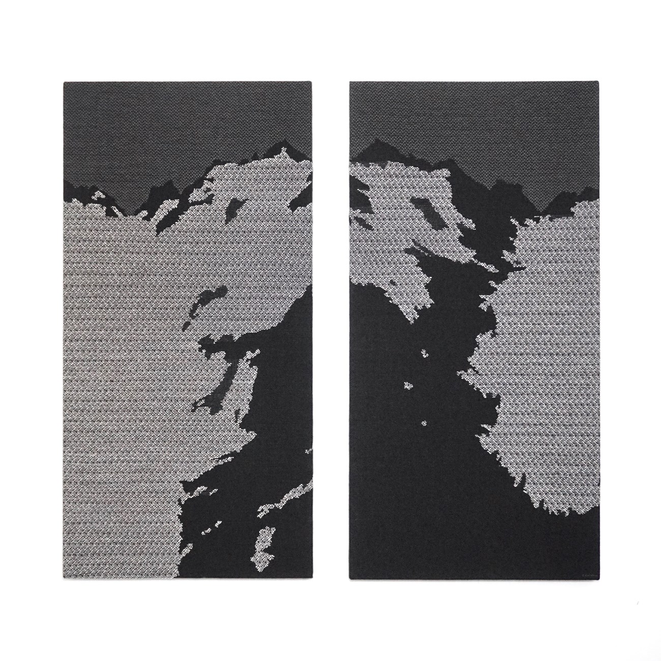 A woven tapestry in two panels forms the image of a mountain glacier in grayscale.