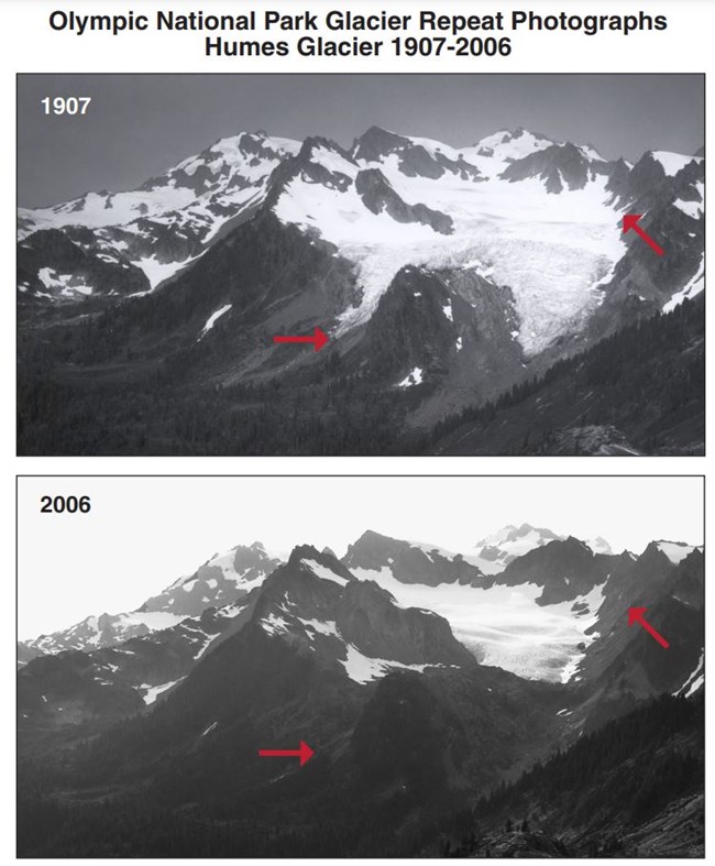 Repeat photos of the same mountain glacier, labeled 1907 and 2006. The 2006 photo shows significantly less snow and ice.