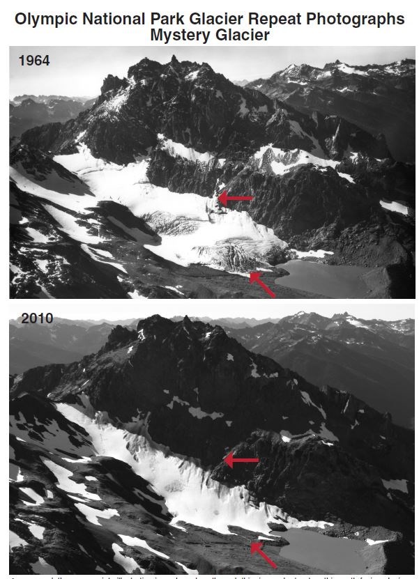 Black and white repeat photos of the same view of a mountain glacier. The glacier is noticeably shrunken in the photo labeled 2010, compared to the first photo labeled 1964.