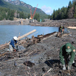 Park rangers and Washington Conservation Corps crews work on planting native plants with Glines Canyon Dam removal ongoing behind them.