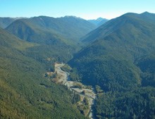 An aerial photo of gravel bars along the Elwha River