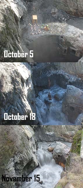 Series of photos before and after blast at Glines Canyon Dam.