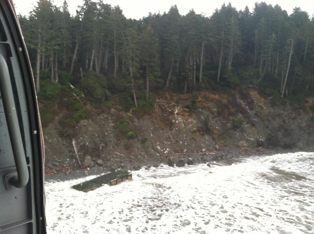 Aerial photo of missing dock washed ashore on wilderness coastline in Olympic National Park.