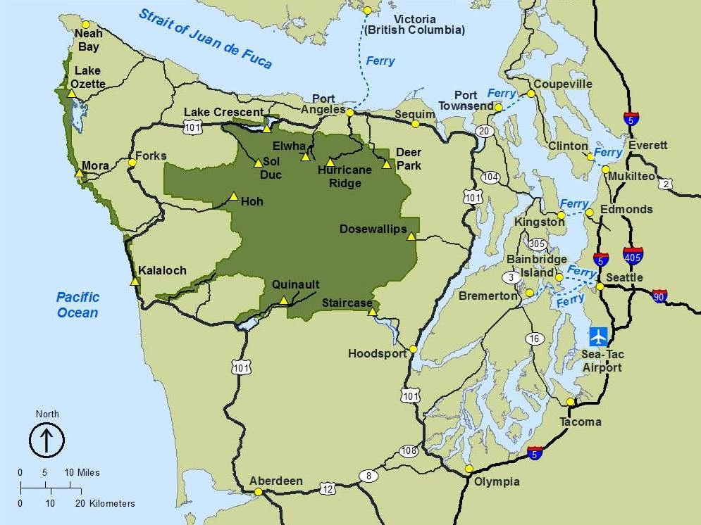 A map showing the Olympic Peninsula in relation to Seattle and the SeaTac airport. Only major roads and ferries are shown, in addition to the Olympic National Park boundary, notable park destinations, and notable cities.