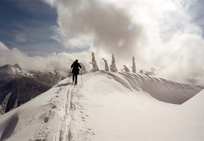 cross country skier on snow covered ridge