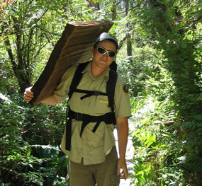 young man in volunteer uniform carrying large board