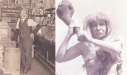 Dad Reingate as a grocery store owner (left) and as a Caveman.
