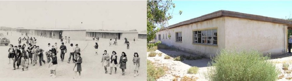 A historic photo of a Japanese internment camp and a contemporary photo of a similar building