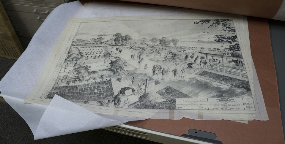 eTICMap_Jamestown Historical map of Jamestown Island in an open archives drawer