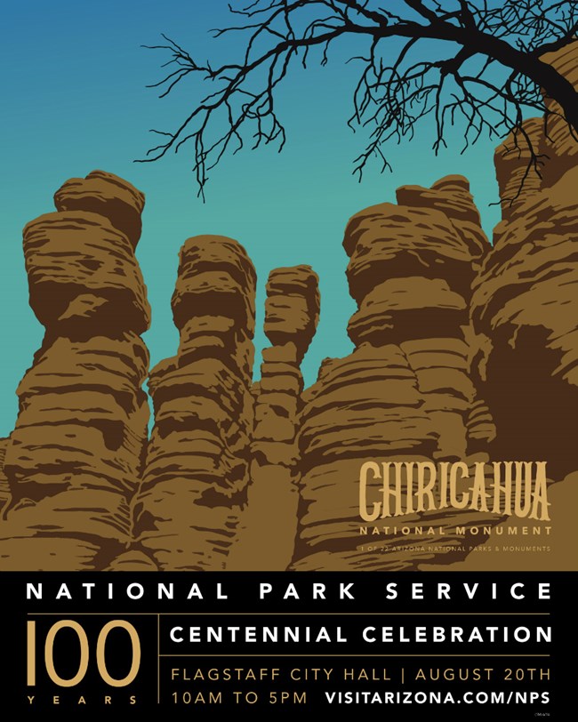 Poster for the NPS Centennial with drawn image of the Chiricahua rock hoodoos