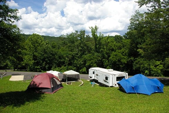 A view of campers downhill at the Round Spring Campground