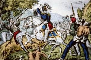 Color lithograph of U.S. dragoons in combat