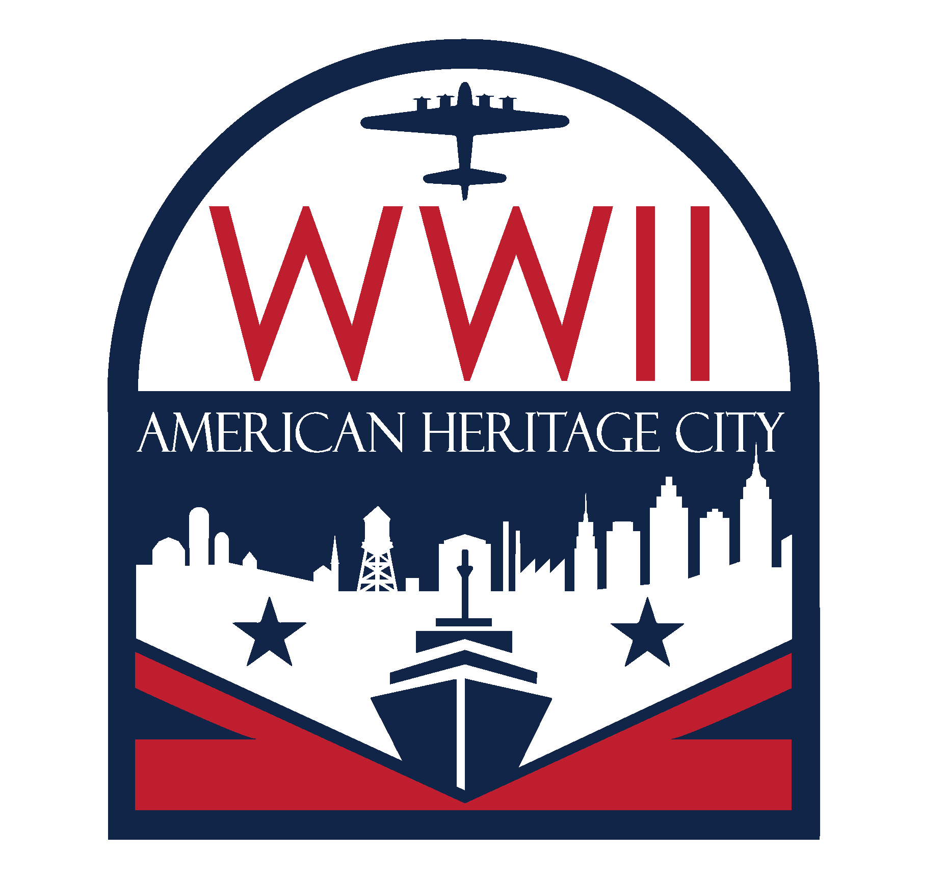 Red, white, & blue logo reading "WWII American Heritage City" showing an outline of farms, factories, & skyscrapers, a ship, & a four-engine bomber aircraft