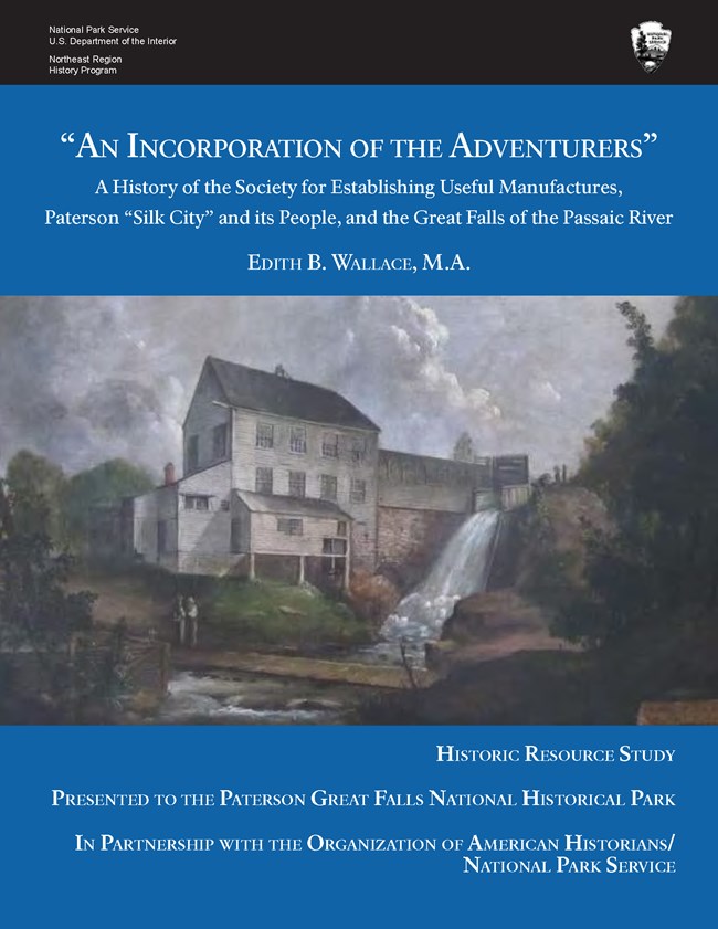 Blue cover w/ a painting of a 1700s water powered mill for a Historic Resource Study of Paterson NJ