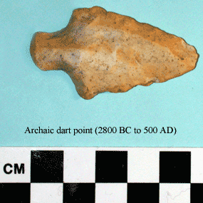 Native American archaic period point (2800 BC to 500 AD). Please remember that it is illegal to remove artifacts from the park. If you find any, please turn them in and tell a ranger where you found them. Native American archaic period point (2800 BC to 500 AD). Please remember that it is illegal to remove artifacts from the park. If you find any, please turn them in and tell a ranger where you found them.